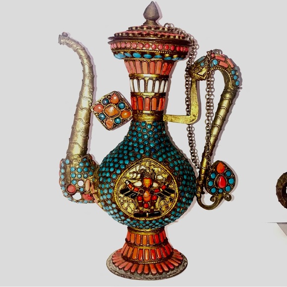 Antique lovers: Tibet China Tea Pot & 2 cup set with TRUE ONYX CORAL TURQUOISE - Picture 3 of 3